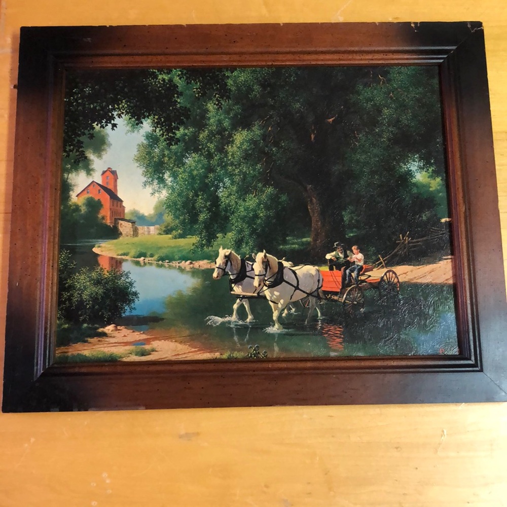 16.5”x13.5” VINTAGE FRAMED PRINT ART THE BIG MOMENT PAUL DETLEFSEN HORSES WATER